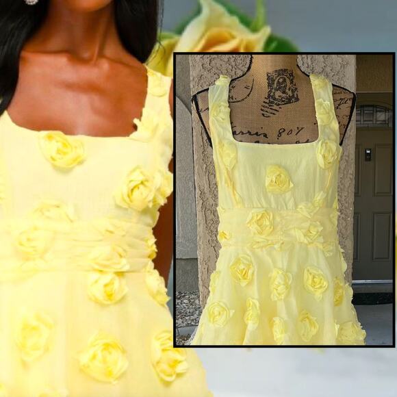 Lulus Yellow Sleeveless Tiered Exceptional Entrance Rosette Midi Dress Size L - Picture 5 of 11